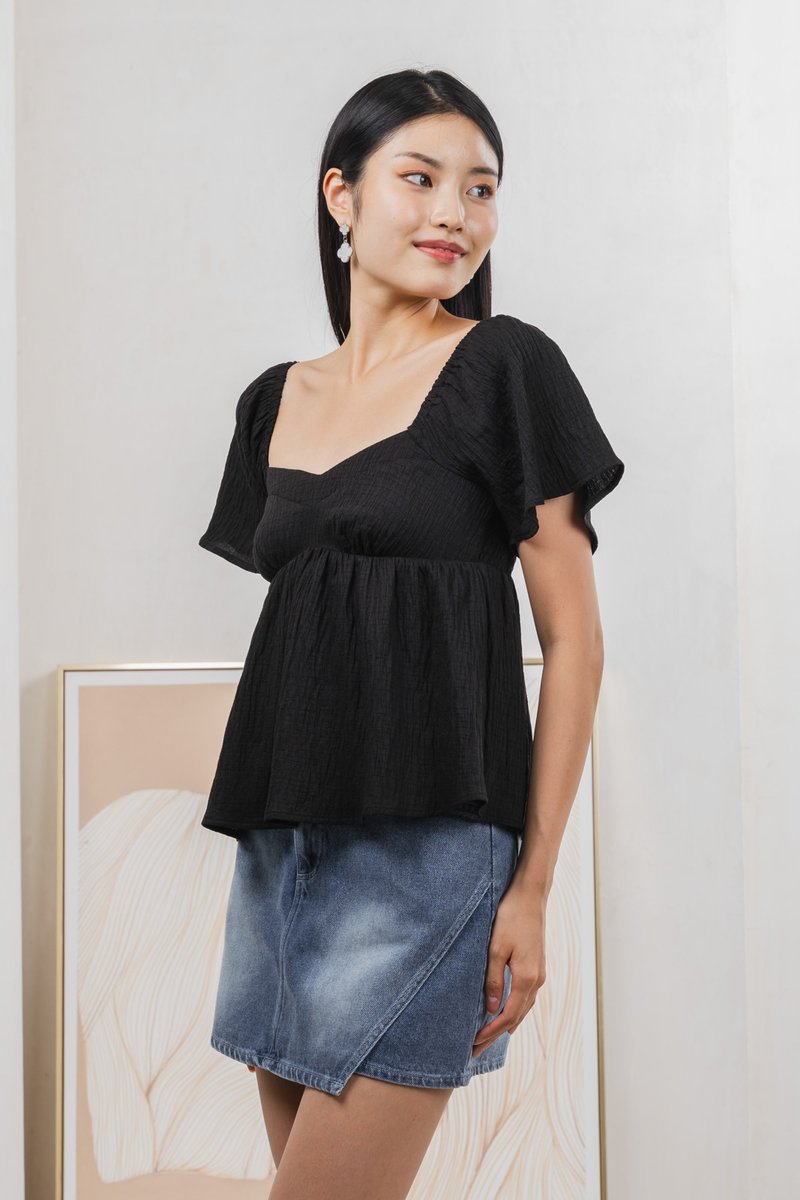 Tanya Textured Babydoll Top In Black