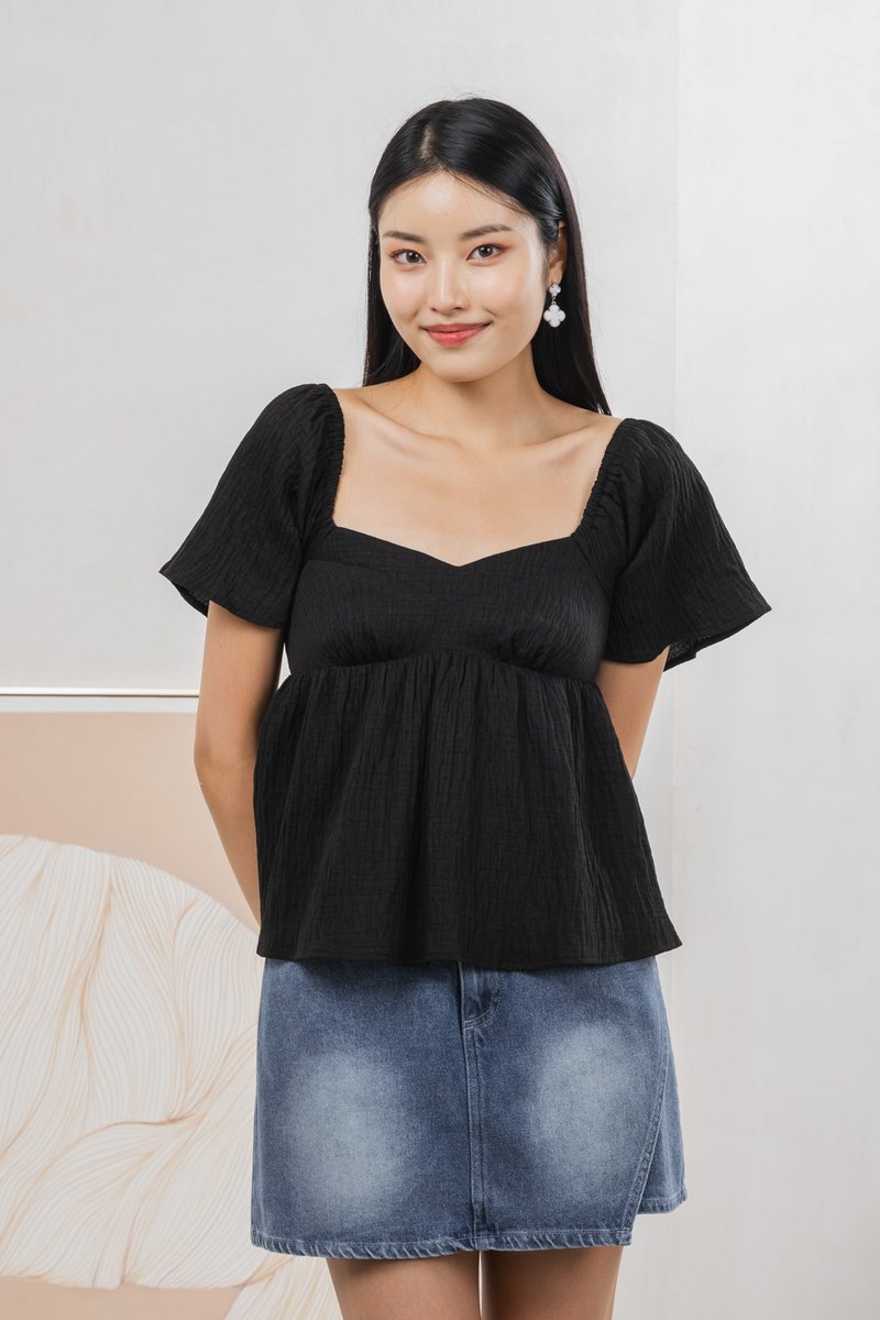 Tanya Textured Babydoll Top In Black