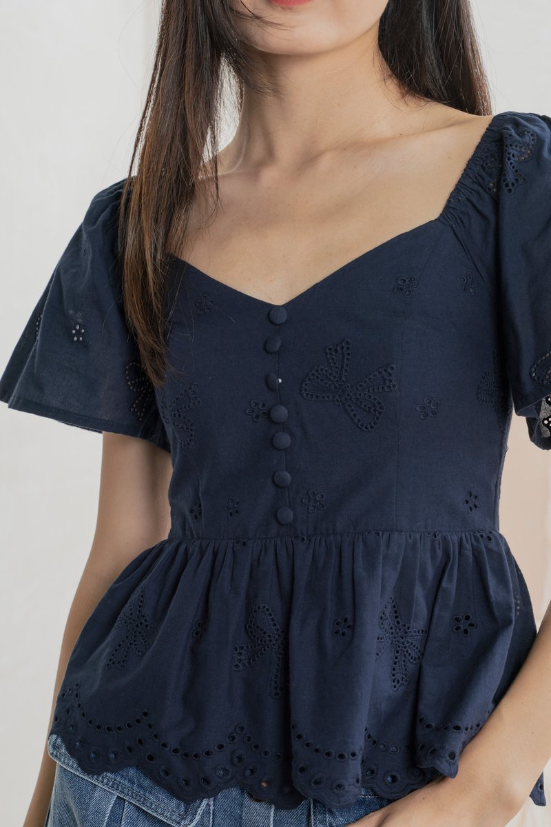 Brinia Ribbon Eyelet Button Top In Navy