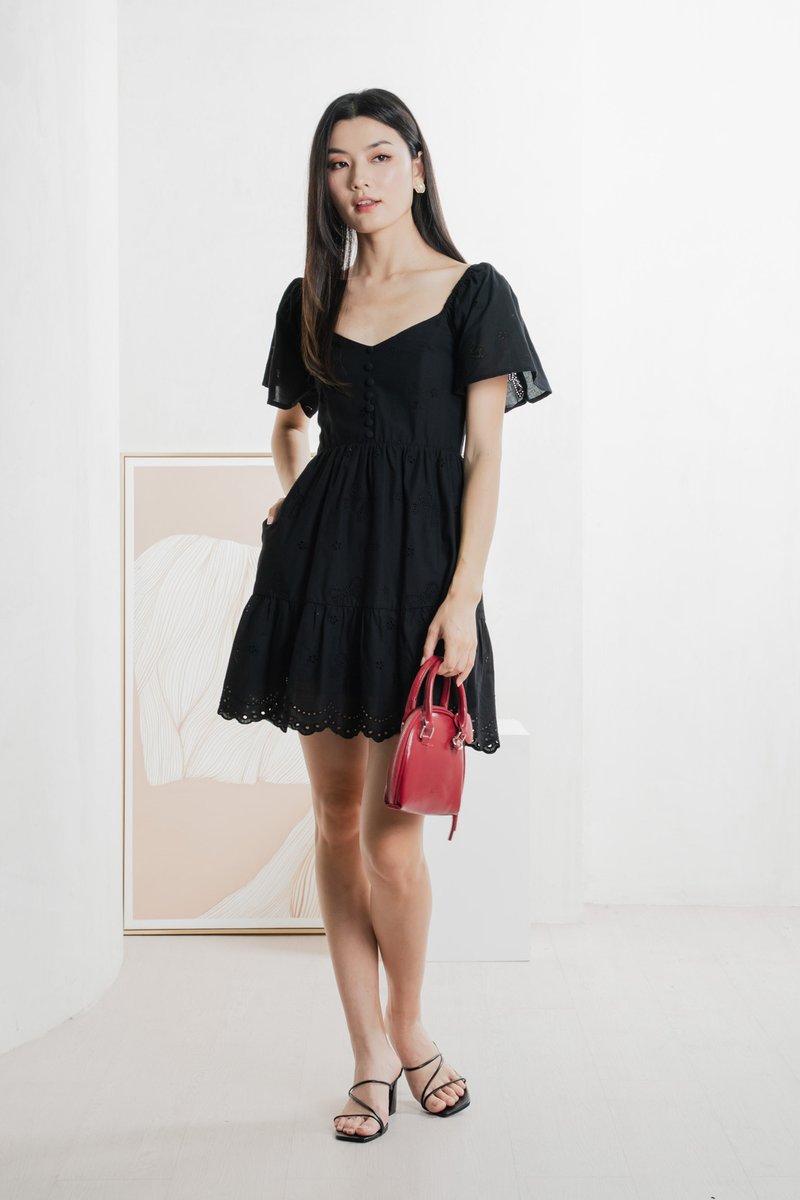 Brinia Ribbon Eyelet Button Dress In Black