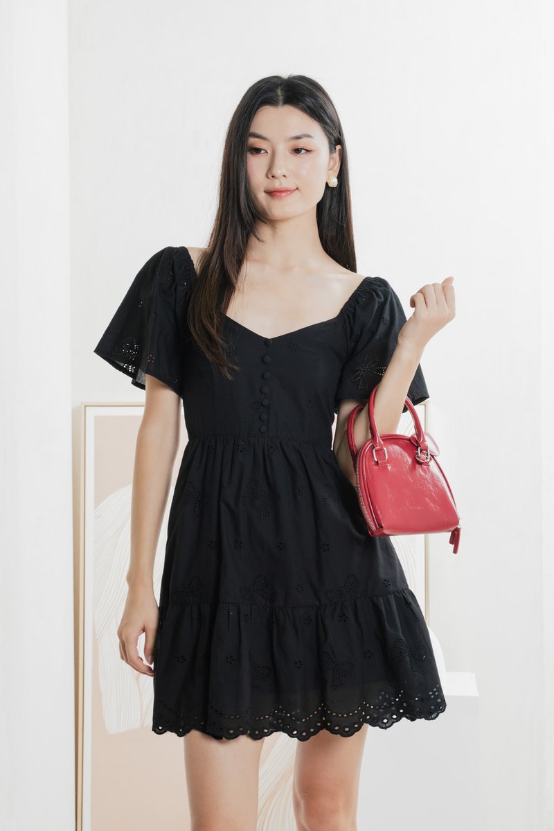Brinia Ribbon Eyelet Button Dress In Black