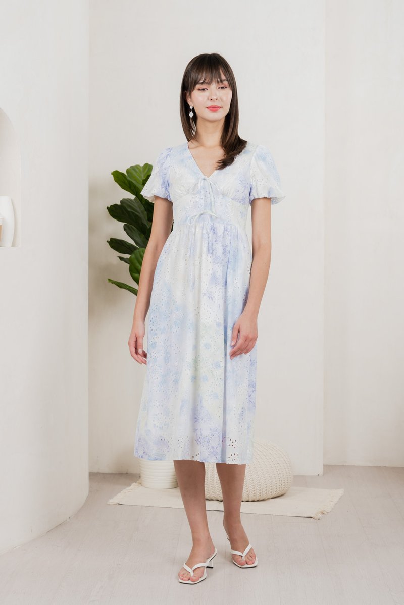 Horizon Watercolour Eyelet Midi Dress In Blue