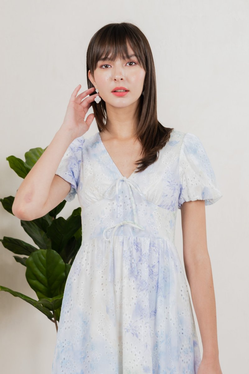 Horizon Watercolour Eyelet Midi Dress In Blue