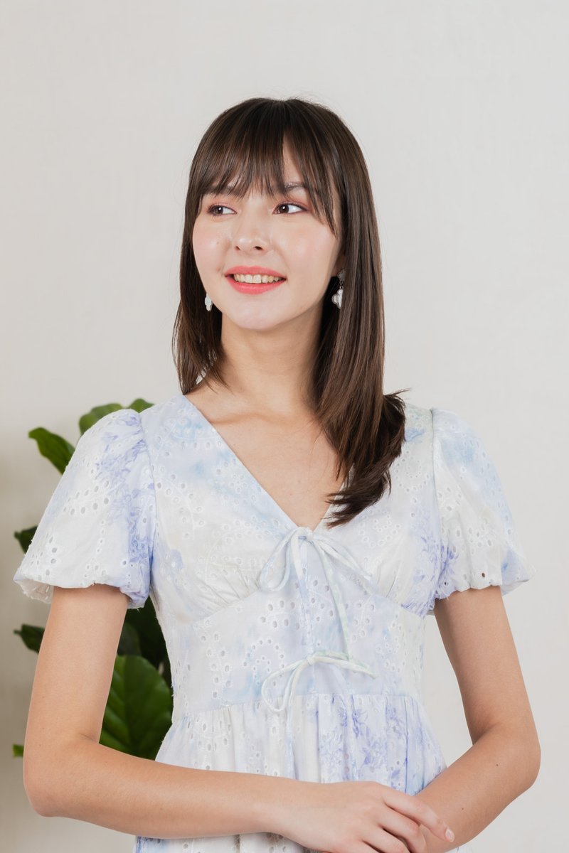 Horizon Watercolour Eyelet Midi Dress In Blue
