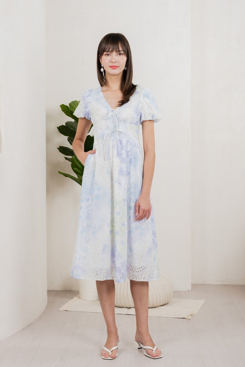 Horizon Watercolour Eyelet Midi Dress In Blue