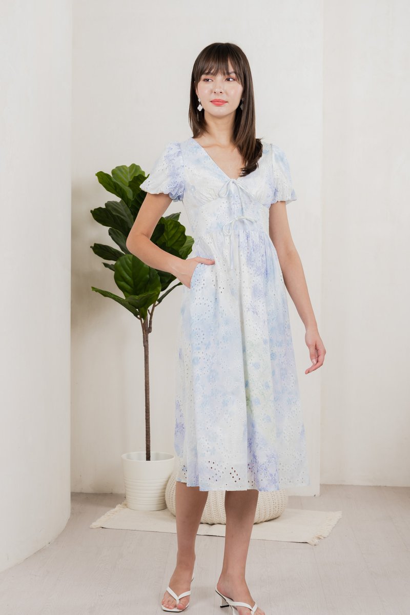 Horizon Watercolour Eyelet Midi Dress In Blue