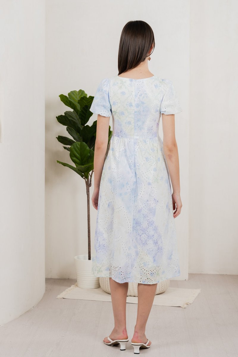 Horizon Watercolour Eyelet Midi Dress In Blue