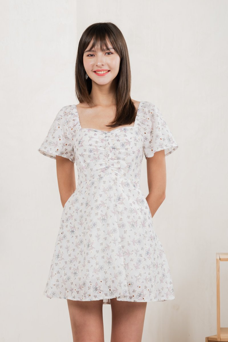 Millis Floral Eyelet Dress Romper In White