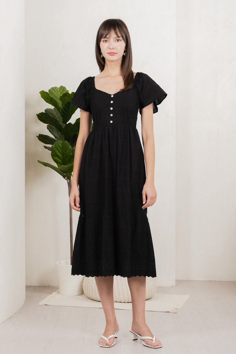 Vanya Embroidery Midi Dress In Black (XS)