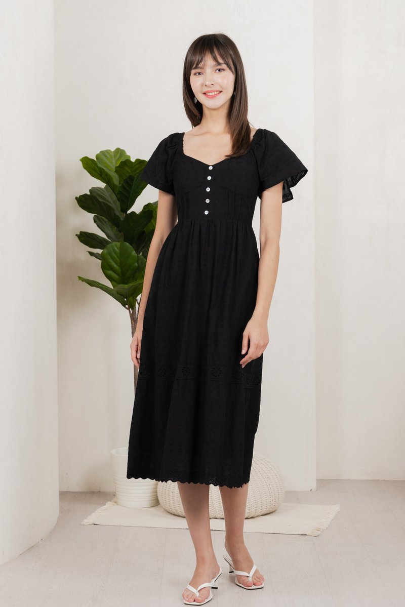 Vanya Embroidery Midi Dress In Black (XS)