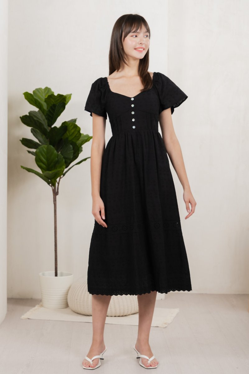 Vanya Embroidery Midi Dress In Black (XS)