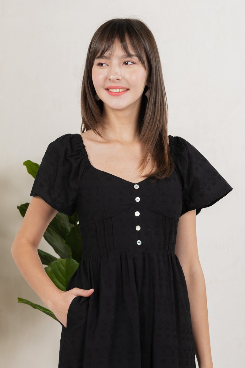 Vanya Embroidery Midi Dress In Black (XS)
