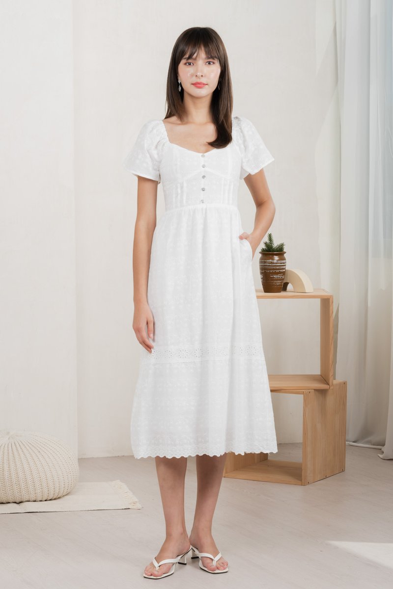Vanya Embroidery Midi Dress In White