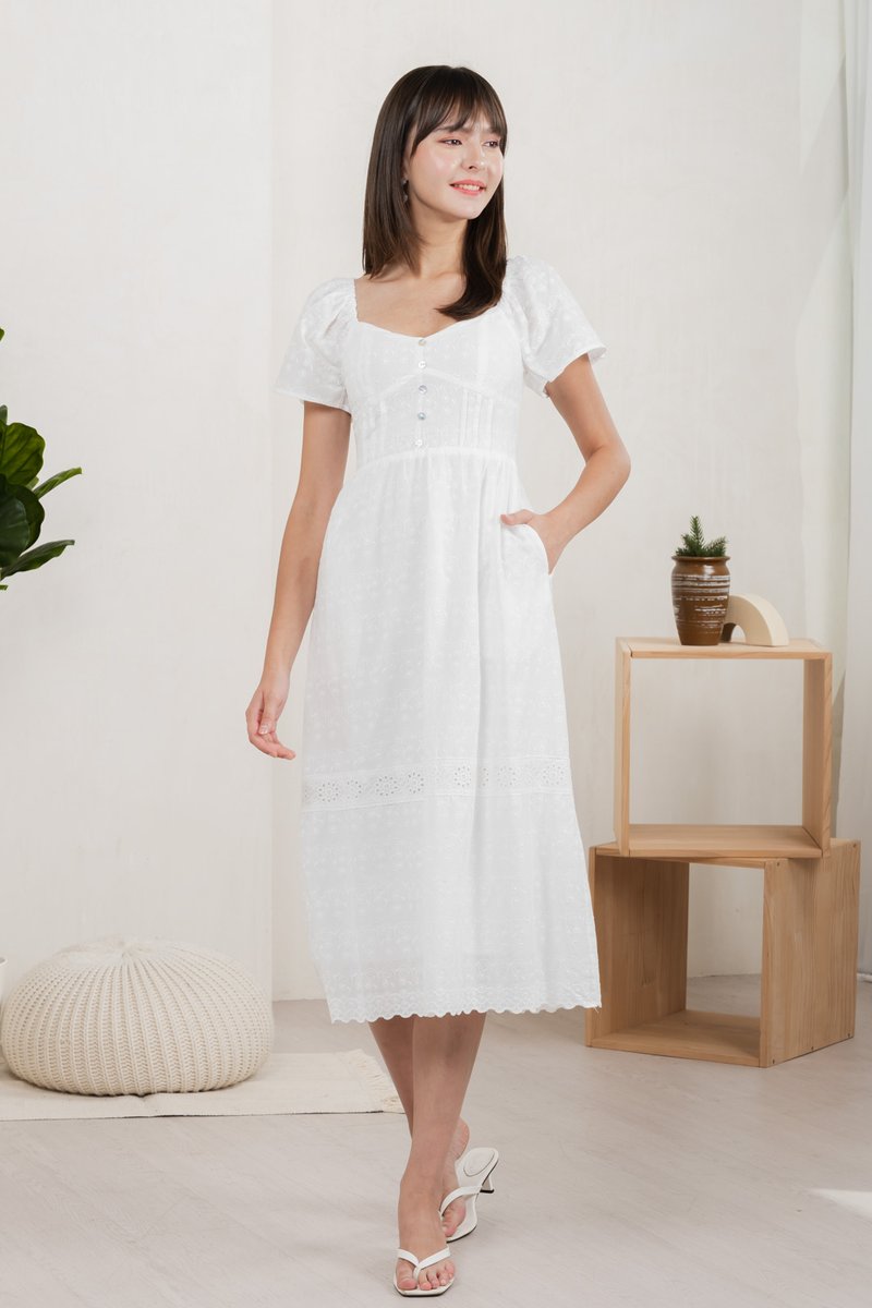 Vanya Embroidery Midi Dress In White