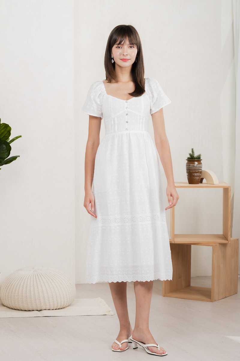 Vanya Embroidery Midi Dress In White