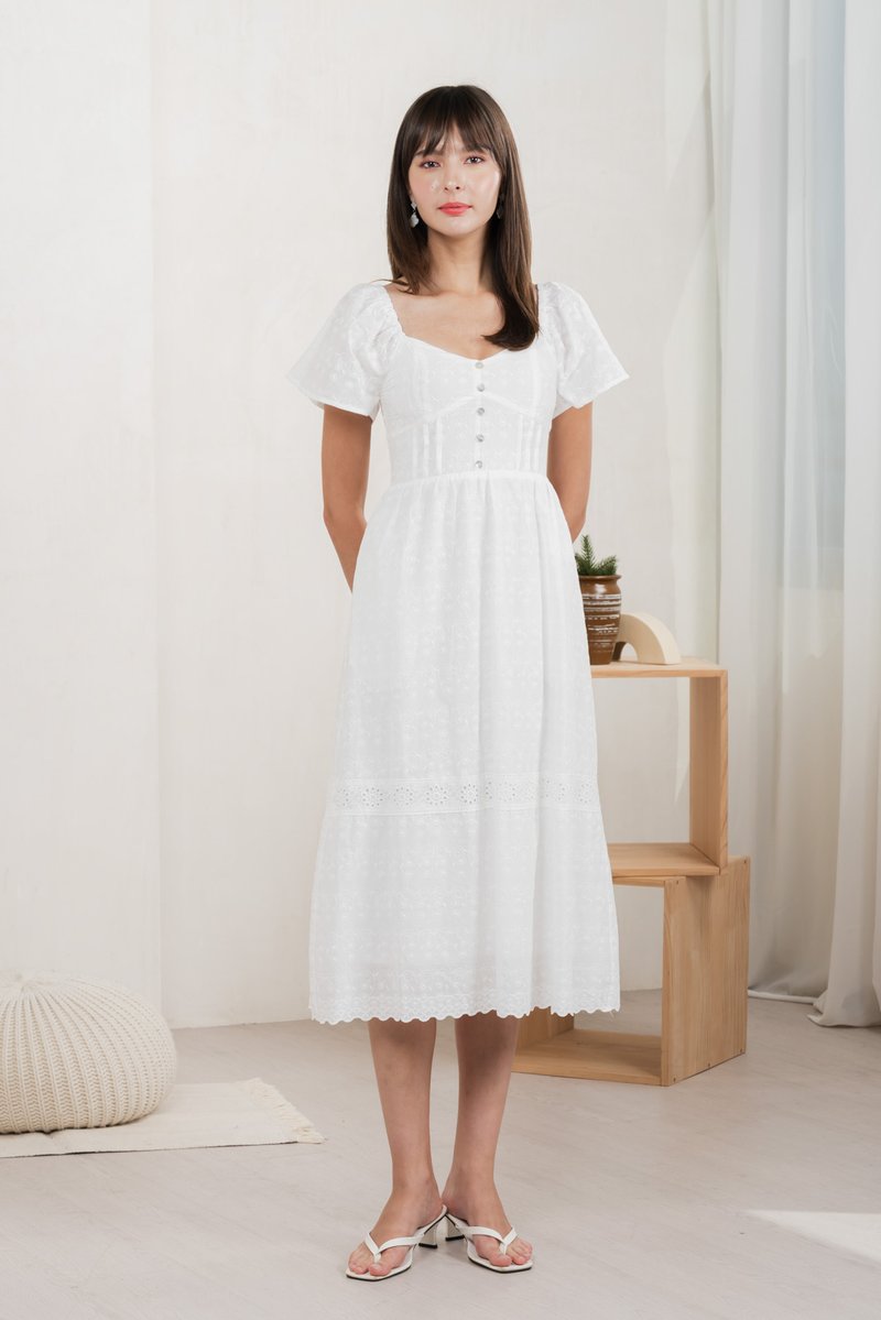 Vanya Embroidery Midi Dress In White