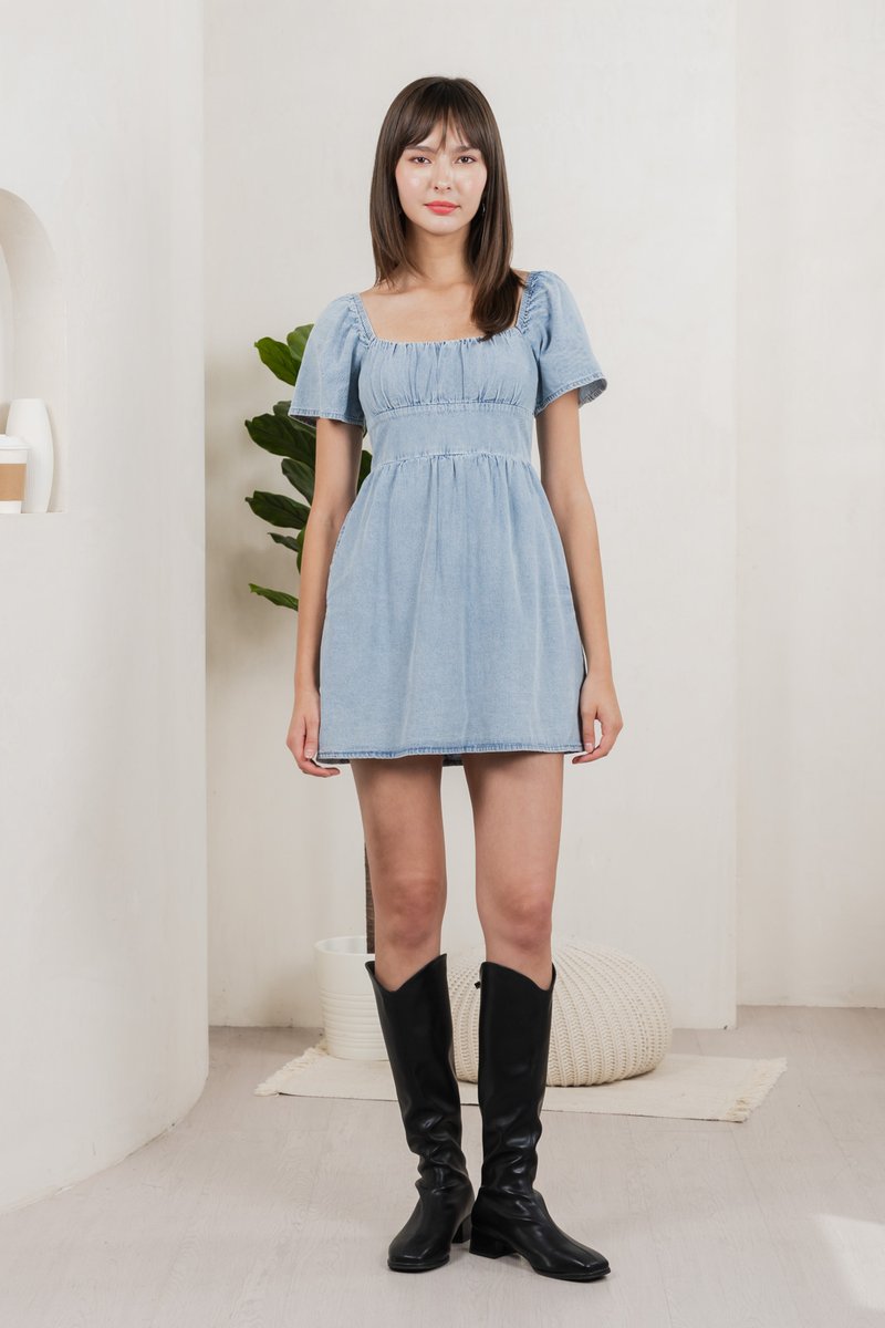 Valentina Ruched Dress Denim Romper