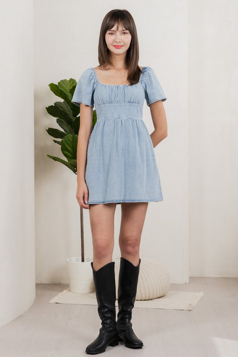 Valentina Ruched Dress Denim Romper