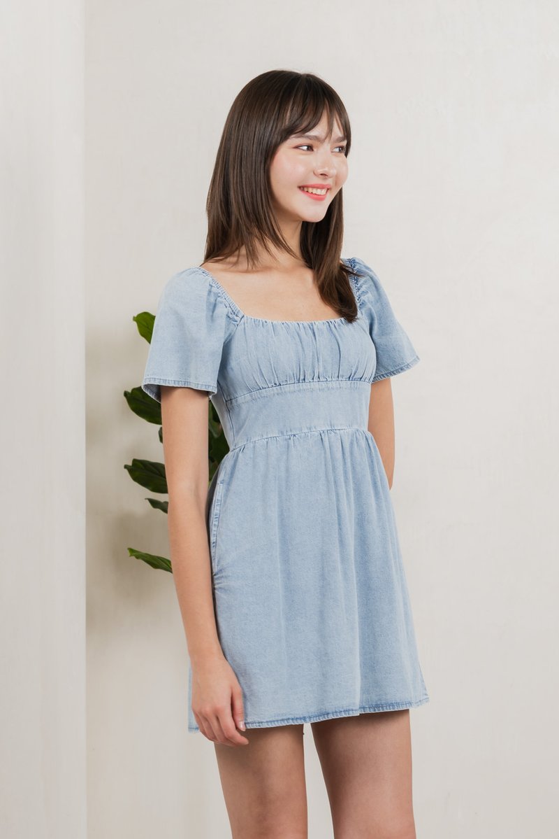 Valentina Ruched Dress Denim Romper