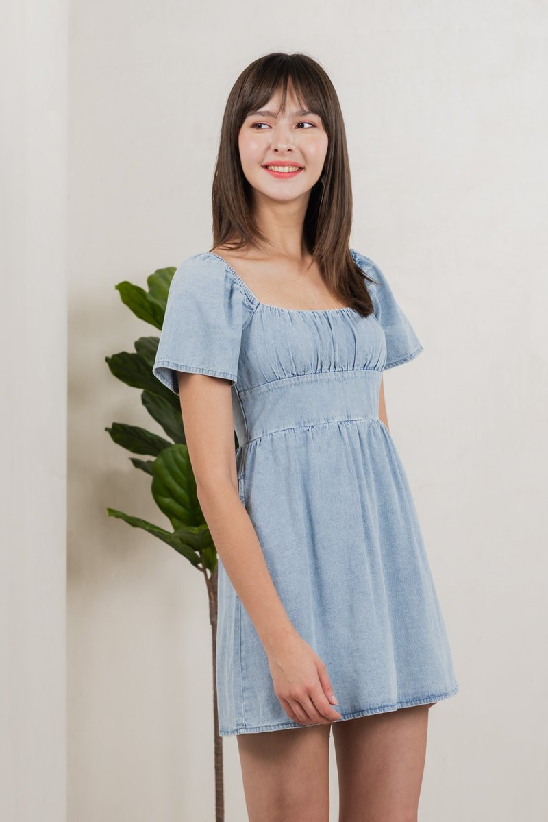 Valentina Ruched Dress Denim Romper