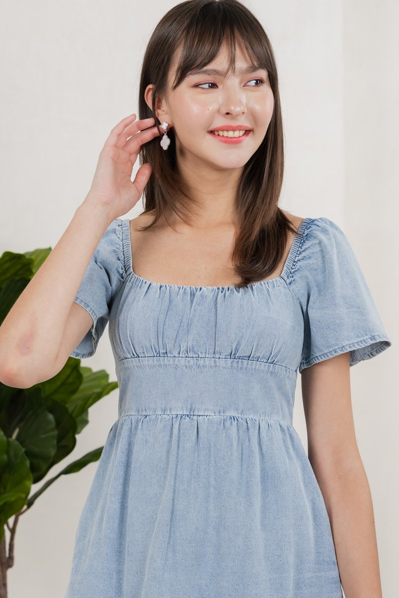Valentina Ruched Dress Denim Romper