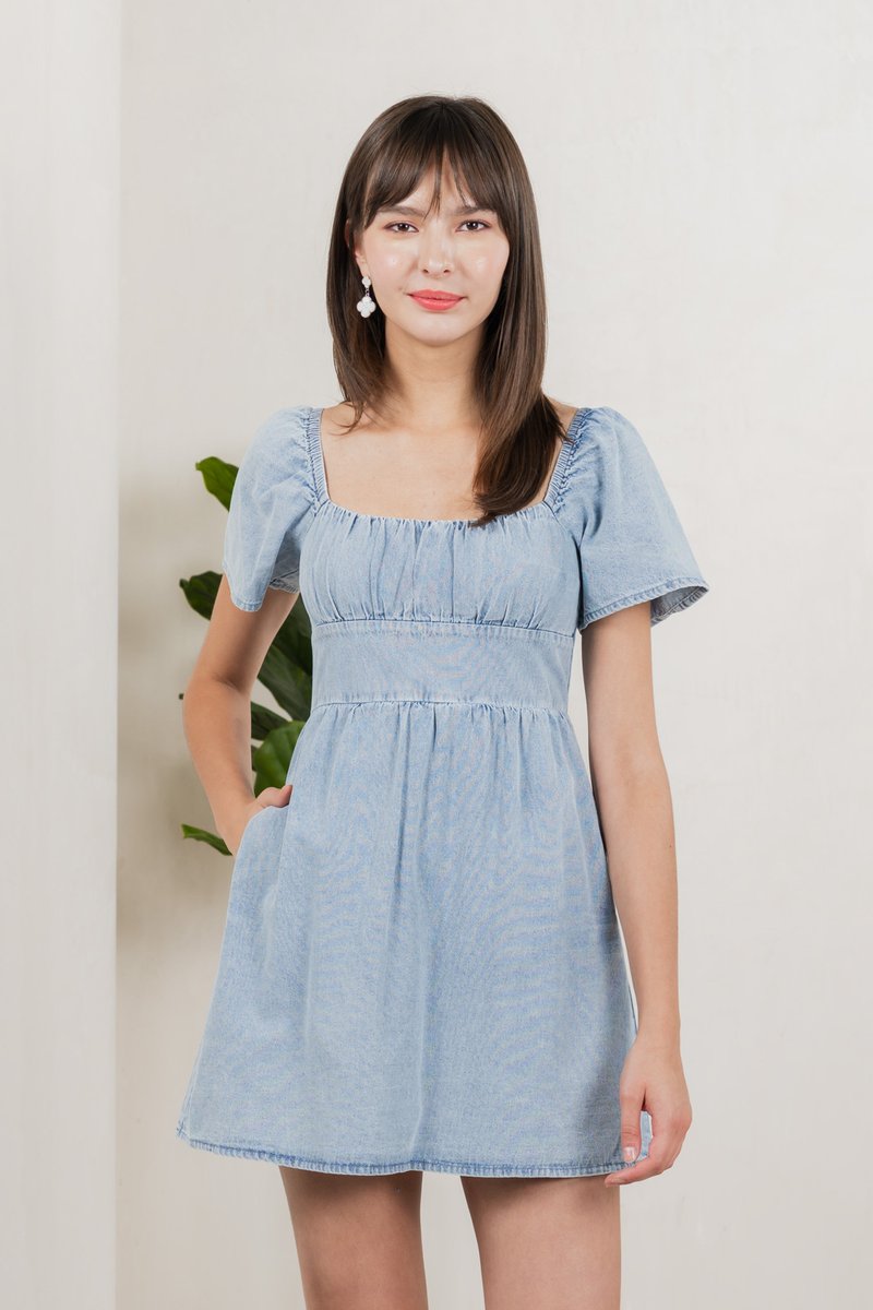 Valentina Ruched Dress Denim Romper