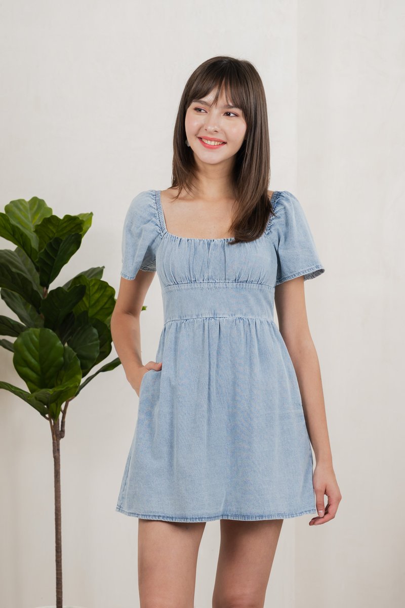 Valentina Ruched Dress Denim Romper