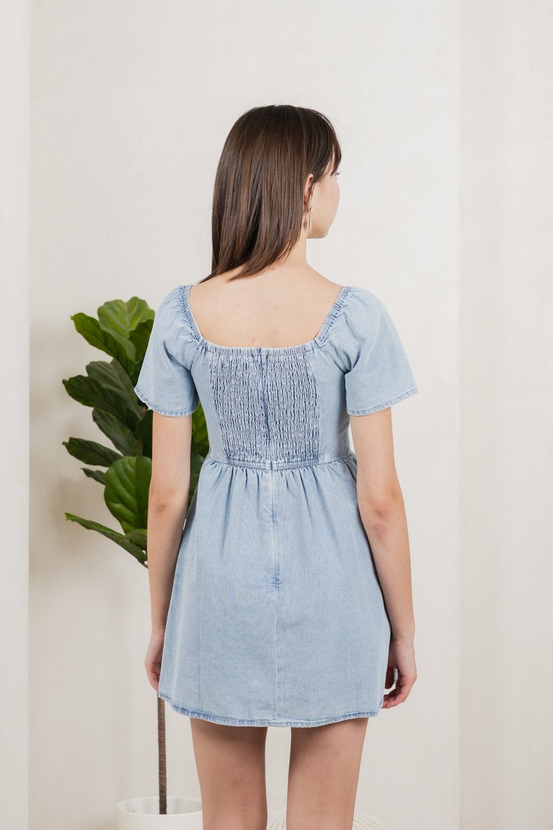 Valentina Ruched Dress Denim Romper