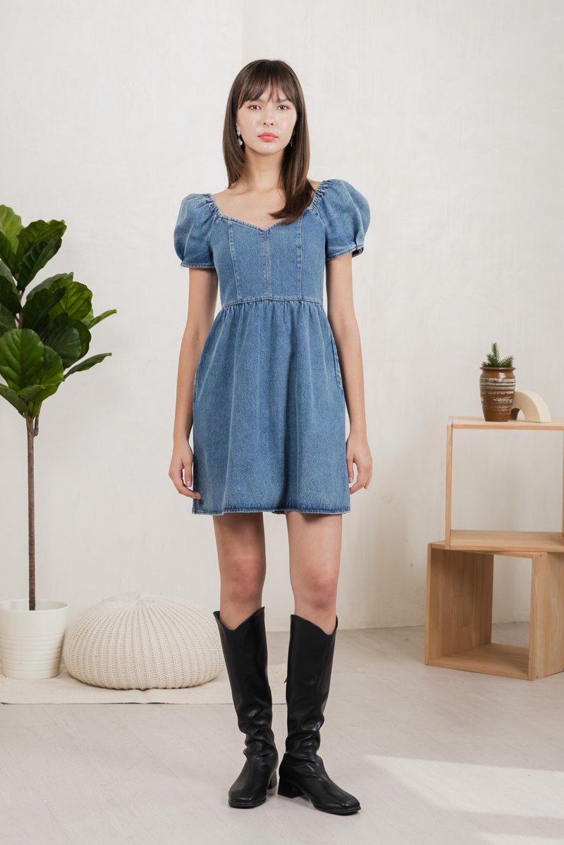 Elvera Puff Sleeves Denim Dress