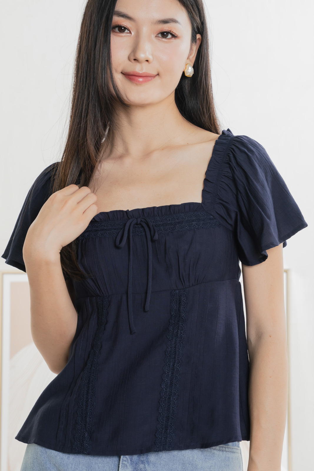 Lidith Textured Ribbon Lace Top In Navy