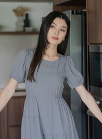 Hayami Puff Sleeves Midi Dress In Gunmetal