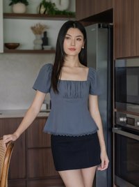 Liz Ruched Crochet Hem Top In Gunmetal