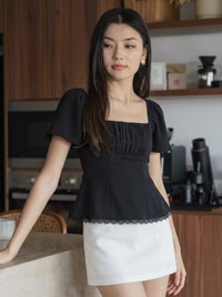 Liz Ruched Crochet Hem Top In Black