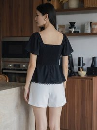 Liz Ruched Crochet Hem Top In Black