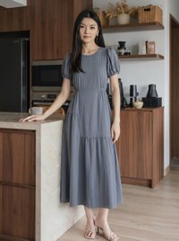 Hayami Puff Sleeves Midi Dress In Gunmetal