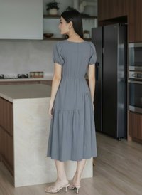 Hayami Puff Sleeves Midi Dress In Gunmetal
