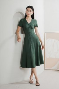 Bertie Buttons Empire Midi Dress In Forest