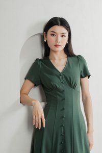 Bertie Buttons Empire Midi Dress In Forest