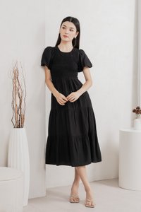 Soiree Smocked Tiered Midi Dress In Black