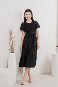 Soiree Smocked Tiered Midi Dress In Black