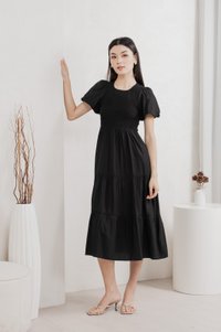 Soiree Smocked Tiered Midi Dress In Black