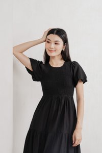 Soiree Smocked Tiered Midi Dress In Black