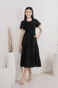 Soiree Smocked Tiered Midi Dress In Black