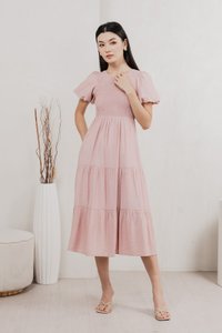 Soiree Smocked Tiered Midi Dress In Dusty Pink