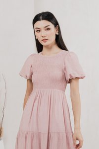Soiree Smocked Tiered Midi Dress In Dusty Pink