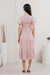 Soiree Smocked Tiered Midi Dress In Dusty Pink