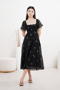 Cottis Smocked Embroidery Midi Dress In Black