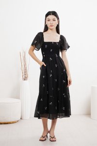 Cottis Smocked Embroidery Midi Dress In Black