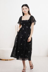 Cottis Smocked Embroidery Midi Dress In Black