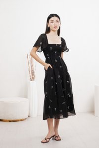 Cottis Smocked Embroidery Midi Dress In Black
